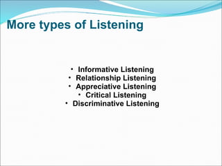 More types of Listening Informative Listening Relationship Listening Appreciative Listening Critical Listening Discriminative Listening 