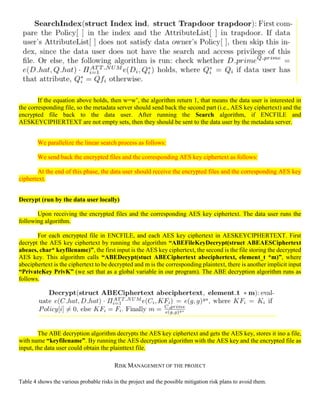 If the equation above holds, then w=w’, the algorithm return 1, that means the data user is interested in
the corresponding file, so the metadata server should send back the second part (i.e., AES key ciphertext) and the
encrypted file back to the data user. After running the Search algorithm, if ENCFILE and
AESKEYCIPHERTEXT are not empty sets, then they should be sent to the data user by the metadata server.
We parallelize the linear search process as follows:
We send back the encrypted files and the corresponding AES key ciphertext as follows:
At the end of this phase, the data user should receive the encrypted files and the corresponding AES key
ciphertext.
Decrypt (run by the data user locally)
Upon receiving the encrypted files and the corresponding AES key ciphertext. The data user runs the
following algorithm.
For each encrypted file in ENCFILE, and each AES key ciphertext in AESKEYCIPHERTEXT. First
decrypt the AES key ciphertext by running the algorithm “ABEFileKeyDecrypt(struct ABEAESCiphertext
abeaes, char* keyfilename)”, the first input is the AES key ciphertext, the second is the file storing the decrypted
AES key. This algorithm calls “ABEDecypt(stuct ABECiphertext abeciphertext, element_t *m)”, where
abeciphertext is the ciphertext to be decrypted and m is the corresponding plaintext, there is another implicit input
“PrivateKey PrivK” (we set that as a global variable in our program). The ABE decryption algorithm runs as
follows.
The ABE decryption algorithm decrypts the AES key ciphertext and gets the AES key, stores it ino a file,
with name “keyfilename”. By running the AES decryption algorithm with the AES key and the encrypted file as
input, the data user could obtain the plainttext file.
RISK MANAGEMENT OF THE PROJECT
Table 4 shows the various probable risks in the project and the possible mitigation risk plans to avoid them.
 