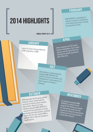 RINA SERVICES consolidated its
position as leader for Certiﬁcation
in the Construction Sector through
the acquisition of ICIC.
Intesa Sanpaolo and VEI Capital,
became shareholders, their capital
injection and the funds they have
allocated for growth acquisitions
total 100m Euro.
India Reliance Limited Industriesawarded RINA SERVICES thecontract for design veriﬁcation andcertiﬁcation for a jetty extension atIndia’s largest oil reﬁnery inJamnagar.
RINA expanded into the growing North
American marine market with the
purchase of marine survey company
Hayes Stuart. Brazil’s oil major
Petrobras awarded RINA SERVICES a
contract for the veriﬁcation of cranes,
anchorage and cable systems, overhead
cranes and rail cars. It gives RINA a
foothold with a major oil company in
South America.
Eni Indonesia awarded RINASERVICES a contract for theJangkrik FPU offshore gas project
for engineering review and site
supervision during the construction,
including hull and living quarters,
in South Korea (Ulsan).
Launch of Centro Sviluppo Materiali(CSM) integration in RINA.
2014 Highlights
12
annual report 2014
 