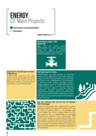 Nine hydro plants in Turkey
D’APPOLONIA has been selected as Technical
Advisor for the assessment of nine hydro plants in
Turkey. The aim of the due diligence is to review the
consistency and completeness of the documents
in relation to their content, calculation method,
design solutions as well as the permitting process.
D’APPOLONIA’s role is to assess the potentially
critical technical aspects including resources
assessment, expected production evaluation,
safety, technical issues, layouts, environmental and
water licenses, administrative authorizations, direct
and indirect costs, as well as review of the proposed
project schedule.
Smart Gas for the LNG import terminal
of Monfalcone
D’APPOLONIA completed the basic
design and permitting support for Smart
Gas for the LNG import terminal of
Monfalcone and for an onshore pipeline
from Chieti to Larino for Gas Italia.
Sour Gas Trunkline (SGT) and the Sour Oil Trunkline
(SOT) in Kashagan
Different failures have been experienced on carbon
steel pipes used for the Sour Gas Trunkline (SGT) and
the Sour Oil Trunkline (SOT) in the Kashagan field
in the Caspian Sea. Centro Sviluppo Materiali (CSM)
has supported Eni in understanding the damaging
mechanism and materials limits of applicability. CSM
has also been involved in surveying the facilities of the
pipe suppliers, in order to identify possible causes of in
service faults linked to the manufacturing process of the
plates and pipes. Furthermore CSM has contributed to
finding possible solutions for immediate rehabilitation
of the pipelines.
Gabes-Nawara project - HSE
engineering
ABB, TDE and Enerco chose
D’APPOLONIA for HSE engineering
during the design of onshore
compression stations and pipelines for
the Gabes-Nawara project in Tunisia.
Energy
CE Main Projects
18
Environment and Sustainability
Innovation
annual report 2014
 