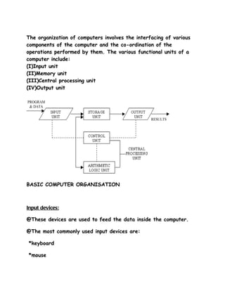 The organization of computers involves the interfacing of various
components of the computer and the co-ordination of the
operations performed by them. The various functional units of a
computer include:
(I)Input unit
(II)Memory unit
(III)Central processing unit
(IV)Output unit




BASIC COMPUTER ORGANISATION



Input devices:

@These devices are used to feed the data inside the computer.

@The most commonly used input devices are:

*keyboard

*mouse
 