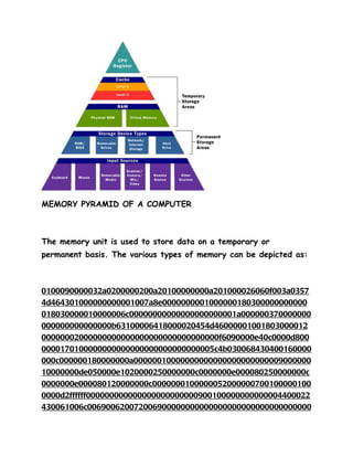 MEMORY PYRAMID OF A COMPUTER



The memory unit is used to store data on a temporary or
permanent basis. The various types of memory can be depicted as:



0100090000032a0200000200a20100000000a201000026060f003a0357
4d464301000000000001007a8e0000000001000000180300000000000
018030000010000006c00000000000000000000001a000000370000000
000000000000000b63100006418000020454d46000001001803000012
00000002000000000000000000000000000000f6090000e40c0000d800
0000170100000000000000000000000000005c4b030068430400160000
000c000000180000000a00000010000000000000000000000009000000
10000000de050000e1020000250000000c0000000e000080250000000c
0000000e000080120000000c0000000100000052000000700100000100
0000d2ffffff000000000000000000000000900100000000000004400022
430061006c006900620072006900000000000000000000000000000000
 