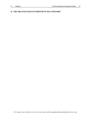 The Environment and Corporate Culture 43
43 Chapter 2
© 2013 Cengage Learning. All Rights Reserved. May not be scanned, copied or duplicated, or posted to a publicly accessible website, in whole or in part.
© 2013 Cengage Learning. All Rights Reserved. May not be scanned, copied or duplicated, or posted to a publicly accessible website, in whole or in part.
II. THE ORGANIZATION-ENVIRONMENT RELATIONSHIP
 