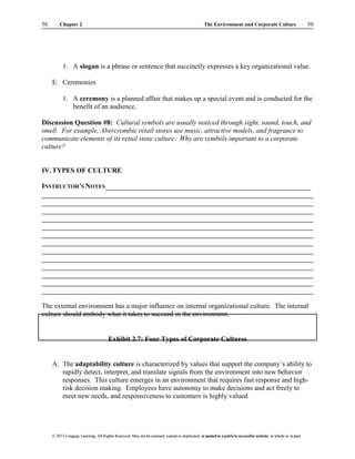 The Environment and Corporate Culture 50
50 Chapter 2
© 2013 Cengage Learning. All Rights Reserved. May not be scanned, copied or duplicated, or posted to a publicly accessible website, in whole or in part.
© 2013 Cengage Learning. All Rights Reserved. May not be scanned, copied or duplicated, or posted to a publicly accessible website, in whole or in part.
1. A slogan is a phrase or sentence that succinctly expresses a key organizational value.
E. Ceremonies
1. A ceremony is a planned affair that makes up a special event and is conducted for the
benefit of an audience.
Discussion Question #8: Cultural symbols are usually noticed through sight, sound, touch, and
smell. For example, Abercrombie retail stores use music, attractive models, and fragrance to
communicate elements of its retail store culture. Why are symbols important to a corporate
culture?
IV.TYPES OF CULTURE
INSTRUCTOR’S NOTES
The external environment has a major influence on internal organizational culture. The internal
culture should embody what it takes to succeed in the environment.
Exhibit 2.7: Four Types of Corporate Cultures
A. The adaptability culture is characterized by values that support the company’s ability to
rapidly detect, interpret, and translate signals from the environment into new behavior
responses. This culture emerges in an environment that requires fast response and high-
risk decision making. Employees have autonomy to make decisions and act freely to
meet new needs, and responsiveness to customers is highly valued.
 
