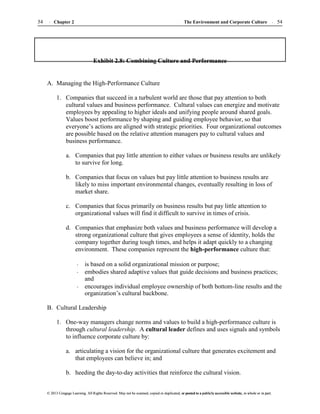 The Environment and Corporate Culture 54
54 Chapter 2
© 2013 Cengage Learning. All Rights Reserved. May not be scanned, copied or duplicated, or posted to a publicly accessible website, in whole or in part.
© 2013 Cengage Learning. All Rights Reserved. May not be scanned, copied or duplicated, or posted to a publicly accessible website, in whole or in part.
Exhibit 2.8: Combining Culture and Performance
A. Managing the High-Performance Culture
1. Companies that succeed in a turbulent world are those that pay attention to both
cultural values and business performance. Cultural values can energize and motivate
employees by appealing to higher ideals and unifying people around shared goals.
Values boost performance by shaping and guiding employee behavior, so that
everyone’s actions are aligned with strategic priorities. Four organizational outcomes
are possible based on the relative attention managers pay to cultural values and
business performance.
a. Companies that pay little attention to either values or business results are unlikely
to survive for long.
b. Companies that focus on values but pay little attention to business results are
likely to miss important environmental changes, eventually resulting in loss of
market share.
c. Companies that focus primarily on business results but pay little attention to
organizational values will find it difficult to survive in times of crisis.
d. Companies that emphasize both values and business performance will develop a
strong organizational culture that gives employees a sense of identity, holds the
company together during tough times, and helps it adapt quickly to a changing
environment. These companies represent the high-performance culture that:
is based on a solid organizational mission or purpose;
embodies shared adaptive values that guide decisions and business practices;
and
encourages individual employee ownership of both bottom-line results and the
organization’s cultural backbone.
B. Cultural Leadership
1. One-way managers change norms and values to build a high-performance culture is
through cultural leadership. A cultural leader defines and uses signals and symbols
to influence corporate culture by:
a. articulating a vision for the organizational culture that generates excitement and
that employees can believe in; and
b. heeding the day-to-day activities that reinforce the cultural vision.
 