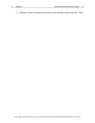 The Environment and Corporate Culture 55
55 Chapter 2
© 2013 Cengage Learning. All Rights Reserved. May not be scanned, copied or duplicated, or posted to a publicly accessible website, in whole or in part.
© 2013 Cengage Learning. All Rights Reserved. May not be scanned, copied or duplicated, or posted to a publicly accessible website, in whole or in part.
2. Managers widely communicate the cultural values through words and actions. Value
 