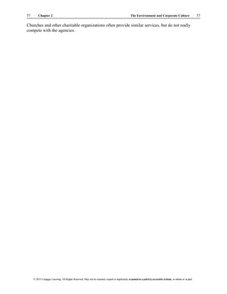 The Environment and Corporate Culture 57
57 Chapter 2
© 2013 Cengage Learning. All Rights Reserved. May not be scanned, copied or duplicated, or posted to a publicly accessible website, in whole or in part.
© 2013 Cengage Learning. All Rights Reserved. May not be scanned, copied or duplicated, or posted to a publicly accessible website, in whole or in part.
Churches and other charitable organizations often provide similar services, but do not really
compete with the agencies.
 