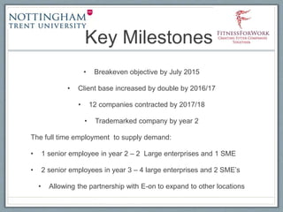 Key Milestones
• Breakeven objective by July 2015
• Client base increased by double by 2016/17
• 12 companies contracted by 2017/18
• Trademarked company by year 2
The full time employment to supply demand:
• 1 senior employee in year 2 – 2 Large enterprises and 1 SME
• 2 senior employees in year 3 – 4 large enterprises and 2 SME’s
• Allowing the partnership with E-on to expand to other locations
 
