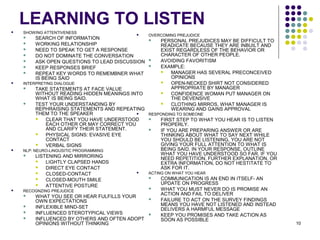10
LEARNING TO LISTEN
 SHOWING ATTENTIVENESS
 SEARCH OF INFORMATION
 WORKING RELATIONSHIP
 NEED TO SPEAK TO GET A RESPONSE
 DO NOT DOMINATE THE CONVERSATION
 ASK OPEN QUESTIONS TO LEAD DISCUSSION
 KEEP RESPONSES BRIEF
 REPEAT KEY WORDS TO REMEMBNER WHAT
IS BEING SAID
 INTERPRETING DIALOGUE
 TAKE STATEMENTS AT FACE VALUE
WITHOUT READING HIDDEN MEANINGS INTO
WHAT IS BEING SAID.
 TEST YOUR UNDERSTANDING BY
REPHRAISING STATEMENTS AND REPEATING
THEM TO THE SPEAKER
 CLEAR THAT YOU HAVE UNDERSTOOD
EACH OTHER OR MAY CORRECT YOU
AND CLARIFY THEIR STATEMENT.
 PHYSICAL SIGNS: EVASIVE EYE
CONTACT
 VERBAL SIGNS
 NLP: NEURO-LINGUSITIC PROGRAMMING
 LISTENING AND MIRRORING
 LIGHTLY CLAPSED HANDS
 DIRECT EYE CONTACT
 CLOSED-CONTACT
 CLOSED-MOUTH SMILE
 ATTENTIVE POSTURE
 RECOGNZING PREJUDICE
 WHAT YOU SEE OR HEAR FULFILLS YOUR
OWN EXPECTATIONS
 INFLEXIBLE MIND-SET
 INFLUENCED STEROTYPICAL VIEWS
 INFLUENCED BY OTHERS AND OFTEN ADOPT
OPINIONS WITHOUT THINKING
 OVERCOMING PREJUDICE
 PERSONAL PREJUDICES MAY BE DIFFICULT TO
READICATE BECAUSE THEY ARE INBUILT AND
EXIST REGARDLESS OF THE BEHAVIOR OR
CHARACTER OF OTHER PEOPLE.
 AVOIDING FAVORITISM
 EXAMPLE:
 MANAGER HAS SEVERAL PRECONCEIVED
OPINIONS
 OPEN-NECKED SHIRT NOT CONSIDERED
APPROPRIATE BY MANAGER
 CONFIDENCE WOMAN PUT MANAGER ON
THE DEVENSIVE
 CLOTHING MIRROS, WHAT MANAGER IS
WEARING AND GAINS APPROVAL
 RESPONDING TO SOMEONE
 FIRST STEP TO WHAT YOU HEAR IS TO LISTEN
PROPERLY.
 IF YOU ARE PREPARING ANSWER OR ARE
THINKING ABOUT WHAT TO SAY NEXT WHILE
YOU SHOULD BE LISTENING, YOU ARE NOT
GIVING YOUR FULL ATTENTION TO WHAT IS
BEING SAID. IN YOUR RESPONSE, OUTLINE
WHAT YOU HAVE UNDERSTOOD SO FAR. IF YOU
NEED REPETITION, FURTHER EXPLANATION, OR
EXTRA INFORMATION, DO NOT HESTITATE TO
ASK FOR IT.
 ACTING ON WHAT YOU HEAR
 COMMUNICATION IS AN END IN ITSELF- AN
UPDATE ON PROGRESS
 WHAT YOU MUST NEVER DO IS PROMISE AN
ACTION AND FAIL TO DELIVER
 FAILURE TO ACT ON THE SURVEY FINDINGS
MEANS YOU HAVE NOT LISTENED AND INSTEAD
DELIVERS A HARMFUL MESSAGE
 KEEP YOU PROMISES AND TAKE ACTION AS
SOON AS POSSIBLE
 