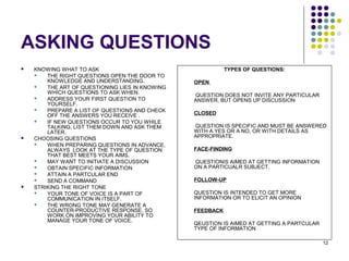 12
ASKING QUESTIONS
 KNOWING WHAT TO ASK
 THE RIGHT QUESTIONS OPEN THE DOOR TO
KNOWLEDGE AND UNDERSTANDING.
 THE ART OF QUESTIONING LIES IN KNOWING
WHICH QUESTIONS TO ASK WHEN.
 ADDRESS YOUR FIRST QUESTION TO
YOURSELF.
 PREPARE A LIST OF QUESTIONS AND CHECK
OFF THE ANSWERS YOU RECEIVE .
 IF NEW QUESTIONS OCCUR TO YOU WHILE
TALKING, LIST THEM DOWN AND ASK THEM
LATER.
 CHOOSING QUESTIONS
 WHEN PREPARING QUESTIONS IN ADVANCE,
ALWAYS LOOK AT THE TYPE OF QUESTION
THAT BEST MEETS YOUR AIMS.
 MAY WANT TO INITIATE A DISCUSSION
 OBTAIN SPECIFIC INFORMATION
 ATTAIN A PARTCULAR END
 SEND A COMMAND
 STRIKING THE RIGHT TONE
 YOUR TONE OF VOICE IS A PART OF
COMMUNICATION IN ITSELF.
 THE WRONG TONE MAY GENERATE A
COUNTER-PRODUCTIVE RESPONSE, SO
WORK ON IMPROVING YOUR ABILITY TO
MANAGE YOUR TONE OF VOICE.
TYPES OF QUESTIONS:
OPEN
QUESTION DOES NOT INVITE ANY PARTICULAR
ANSWER, BUT OPENS UP DISCUSSION
CLOSED
QUESTION IS SPECIFIC AND MUST BE ANSWERED
WITH A YES OR A NO, OR WITH DETAILS AS
APPROPRIATE.
FACE-FINDING
QUESTIONIS AIMED AT GETTING INFORMATION
ON A PARTICUALR SUBJECT.
FOLLOW-UP
QUESTION IS INTENDED TO GET MORE
INFORMATION OR TO ELICIT AN OPINION
FEEDBACK
QEUSTION IS AIMED AT GETTING A PARTCULAR
TYPE OF INFORMATION
 
