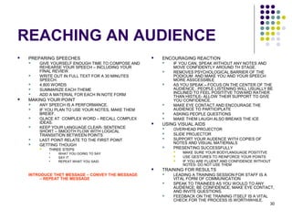 30
REACHING AN AUDIENCE
 PREPARING SPEECHES
 GIVE YOURSELF ENOUGH TIME TO COMPOSE AND
REHEARSE YOUR SPEECH – INCLUDING YOUR
FINAL REVIEW.
 WRITE OUT IN FULL TEXT FOR A 30 MINUTES
SPEECH.
 4,800 WORDS
 SUMMARIZE EACH THEME
 ADD A MATERIAL FOR EACH IN NOTE FORM
 MAKING YOUR POINT
 ANY SPEECH IS A PERFORMANCE.
 IF YOU PLAN TO USE YOUR NOTES, MAKE THEM
BREIEF.
 GLACE AT COMPLEX WORD – RECALL COMPLEX
IDEAS.
 KEEP YOUR LANGUAGE CLEAR- SENTENCE
SHORT – SMOOTH FLOW WITH LOGICAL
TRANSIITION BETWEEN POINTS
 LAST POINT RELATE TO THE FIRST POINT
 GETTING THOUGH
 THREE STEPS
 WHAT YOU GOING TO SAY
 SAY IT
 REPEAT WHAT YOU SAID
INTRODUCE THET MESSAGE – CONVEY THE MESSAGE
– REPEAT THE MESSAGE
 ENCOURAGING REACTION
 IF YOU CAN, SPEAK WITHOUT ANY NOTES AND
MOVE CONFIDENTLY AROUND TH STAGE.
 REMOVES PSYCHOLOGICAL BARRIER OF THE
PODIOUM AND MAKE YOU AND YOUR SPEECH
MORE ASSCESSIBLE
 AS YOU SPEAK – FOCUS ON THE CENTER OF THE
AUDIENCE . PEOPLE LISTENING WILL USUALLY BE
INCLINED TO FEEL POSITITVE TOWARD RATHER
THAN HISTILE- ALLOW THEIR SUPPORT TO GIVE
YOU CONFIDENCE.
 MAKE EYE CONTACT AND ENCOURAGE THE
AUDIENCE TO PARTICIPLATE
 ASKING PEOPLE QUESTIONS
 MAKE THEM LAUGH ALSO BREAKS THE ICE
 USING VISUAL AIDS
 OVERHEAD PROJECTOR
 SLIDE PROJECTOR
 SUPPORT YOUR AUDENCE WITH COPIES OF
NOTES AND VISUAL MATIERIALS
 PRESENTING SUCCESSFULLY
 MAKE SURE YOUR BODYLANGUAGE POSITITVE
 USE GESTURES TO REINFORCE YOUR POINTS
 IF YOU ARE FLUENT AND CONFIDENCE WITHOUT
NOTES- DO NOT USE THEM
 TRAINING FOR RESULTS
 LEADING A TRAINING SESSION FOR STAFF IS A
VITAL FORM OF COMMUNICATION
 SPEAK TO TRAINEES AS YOU WOULD TO ANY
AUDIENCE: BE CONFIDENCE, MAKE EYE CONTACT,
AND INVITE QUESTIONS.
 FEEDBACK ON THE TRAINING ITSELF IS A VITAL
CHECK FOR THE PROCESS IS WORTHWHILE.
 