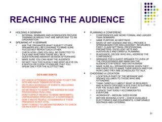 31
REACHING THE AUDIENCE
 HOLDING A SEMINAR
 INTERNAL SEMINARS AND WORKSHOPS PROVIDE
TRAINING IN AREAS THAT ARE IMPORTANT TO AN
ORGAINIATION.
 SPEAKING AT A SEMINAR
 ASK THE ORGANIZER WHAT SUBJECT OTHER
SPEAKERS WILL BE COVERING TO MAKE SURE
YOU DO NOT REPEAT EACH OTHER.
 CHECK HOW LONG YOU WILL BE EXPECTED TO
TALK AND WHETHER THERE WILL BE A
QUESTION-AND-ANSWER SESSION AFTERWARD.
 MAKE SURE YOU CAN HEAR THE AUDIENCE
 DO NOT TALK TOO QUICKLY AND KEEP AN EYE ON
A WATCH OR CLOCK TO ENSURE THAT YOU
SPEAK ONLY FOR THE ALOTTED TIME.
DO’S AND DON’TS
 DO CHECK ATTENDEES KNOW HOW TO GET THE
SITE AND HAVE TRANSPORTATION.
 DO PLAN A SCHEDULE OF EVENTS, INCLUDING
REFRESHMENT BREAKS.
 DO BE READY TO ADAPT THE AGENDA IN CASE
PROCEEDINGS RUN LONG.
 DON’T EXPECT PEOPLE TO MAKE IMPROMPTU,
UNPREAPARED SPEECHES AT A CONFERNECE.
 DON’’T INVITE PEOPLE TO SEMINARS IF THEIR
PRESENCE IS NOT VITAL.
 DON’T FORGET TO OBTAIN FEEDBACK TO CHECK
ON AN EVENT’S SUCCESS.
 PLANNING A CONFERENC
 CONFERENCES ARE MORE FORMAL AND LARGER
THAN SEMINARS
 SAME PURPOSE AS MEETINGS
 BASIS OF ANY AGENDA AND WILL PROVIDE A
SPRINGBOARD FOR DISCUSSIONST. REGRUIRES
FIRST- CLASS SETTINGS, PROFESSIONAL
PRESNETERS, EXCELLENT SETS AND
AUIOVISUALS AND CAREFUL PLANNING.
 IN ADVANCE- DECIDE WHO WILL ADDRESS THE
CONFERENCE
 ARRANGE FOR A GUEST SPEAKER TO LIVEN UP
THE PROCEEDINGS AND MAINTAIN THE
AUDIENCE’S INTEREST AND ENTHUSIASM
 MAKE SURE ALL SPEAKERS KNOW WHEN THEY
ARE EXPECTED TO MAKE THEIR SPEECH AND FOR
HOW LONG THEY ARE SCHEDULED TO TALK.
 CHOOSING A LOCATION
 LOCATION IS PART OF THE MESSAGE AND
SPEAKS VOLUMES TO THOSE WHO ARE
ATTENDING.
 THINK CAREFULLY ABOUT WHAT IS REQUIRED
AND ALWAYS CHOOSEE A SITE FHAT IS SUITABLE
FOR THE SCALE AND TYPE OF EVENT.
 A SPACE THAT EASILY ACCOMMODATES
EVERYONE
 WORKSHOP – MEDIUM- SIZED ROOM
 BEFORE BOOKING A SITE – CHECK AVAILABLE
ELECTORNICS AND EQUIPMENTS, COMFORABLE
SEATINGS AND CATERING.
 
