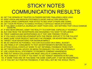 37
STICKY NOTES
COMMUNICATION RESULTS
82. GET THE OPINION OF TRUSTED OUTSIDERS BEFORE FINALIZING A NEW LOGO.
83. KEEP VISION AND MISSION STATEMENTS SHORT AND ACTION ORIENTED.
84. CHECK LARGE CORPROATE WEB STITES TO SEE WHAT OTHERS ARE DOING.
85. GET YOUR PR PEOPLE TO HANDLE POTEIALLY DIFFICULT MEDIA SITUATIONS.
86. IF YOU MEET A HOSITLE JOURNALIST, KEEP YOUR COOL- SAY NOTHING THAT COULD DAMAGE
GOOD PR.
87. IF BAD NEWS BREAKS, ADMIT THE REALITY TO EVERYONE- ESPECIALLY YOURSELF.
88. BUY AND READ THE NEWSPPAERS AND MAGAZINES YOU WANT TO INFLUENCE.
89. TREAT CAMERAS AND MICROPHONES AS IF THEY ARE FRIENDLY PEOPLE.
90. IF YOU HAVE A GOOD RELATIONSHIP WITH THE PRESS, EXPLOIT IT TO THE FULLEST.
91. MAKE SURE YOUR PRODUCT MATCHES THE PROMISE, OR ADVERTISING WILL FAIL.
92. TARGET YOUR ADVERTISING FOR MAXIMUM IMPACT.
93. BE AS CREATIVE AS POSSIBLE- YOU CAN SUCCCEED ON A SMALL BUDGET.
94. USE PANELS OF CONSUMERS TO TEST ADVERTISEMENTS BEFORE RELEASE.
95. ATTEND SOCIAL EVENTS AT WORK TO GET INFORMAL FEEDBACK FROM STAFF.
96. GET PROFESSIOANL ADVICE ON MEDIA TECHNIQUES YOU CAN USE INTERNALLY.
97. USE LOGOS ON ALL STATIONERY TO PROMOTE COMPANY AWARENESS.
98. FIND OUT WHICH COLLEGUES ARE MOST SKILLED AT COMMUNICATING.
99. TALK HONESTLY TO STAF IF YOU WANT TO GET HONEST ANSWERS IN RETURN.
100. IF MORE THAN ONE OR TWO MAKE THE SAME COMPLAINT, IT MAY BE WIDESPREAD.
101. IF YOU GET OLY POSITIVE FEEDBACK, IT MAY WELL NOT BE THE WHOLE TRUTH.
 