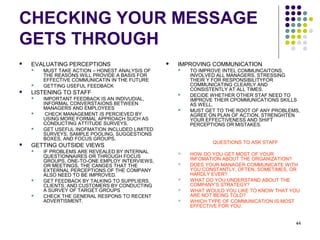 44
CHECKING YOUR MESSAGE
GETS THROUGH
 EVALUATING PERCEPTIONS
 MUST TAKE ACTION – HONEST ANALYSIS OF
THE REASONS WILL PROVIDE A BASIS FOR
EFFECTIVE COMMUNICATIN IN THE FUTURE
 GETTING USEFUL FEEDBACK
 LISTENING TO STAFF
 IMPORTANT FEEDBACK IS AN INDIVUDIAL,
INFORMAL CONVERSTAIONS BETWEEN
MANAGERS AND EMPLOYEES
 CHECK MANAGEMENT IS PERCIEVED BY
USING MORE FORMAL APPROACH SUCH AS
CONDUCTING ATTITUDE SURVEYS.
 GET USEFUL INOFMATION INCLUDED LIMITED
SURVEYS, SAMPLE POOLING, SUGGESTIONS
BOXES, AND FOCUS GROUPS.
 GETTING OUTSIDE VIEWS
 IF PROBLEMS ARE REVEALED BY INTERNAL
QUESTIONNAIRES OR THROUGH FOCUS
GROUPS, ONE-TO-ONE EMPLOY INTERVIEWS,
OR MEETINGS, THE CANGES THAT THE
EXTERNAL PERCEPTIONS OF THE COMPANY
ALSO NEED TO BE IMPROVED.
 GET FEEDBACK BY TALKING TO SUPPLIERS,
CLIENTS, AND CUSTOMERS BY CONDUCTING
A SURVEY OF TARGET GROUPS
 CHECK THE GENERAL RESPONS TO RECENT
ADVERTISMENT.
 IMPROVING COMMUNICATION
 TO IMPROVE INTEL COMMUNCAITONS,
INVOLVED ALL MANAGERS, STRESSING
THEIR Y FOR RESPONSIBILITYFOR
COMMUNICATING CLEARLY AND
CONSISTENTLY AT ALL TIMES.
 DECIDE WHETHER OTHER STAF NEED TO
IMPROVE THEIR CPOMMUNICATIONS SKILLS
AS WELL.
 MUST GET TO THE ROOT OF ANY PROBLEMS,
AGREE ON PLAN OF ACTION, STRENGHTEN
YOUR EFFECTIVENESS AND SHIFT
PERCEPTIONS OR MISTAKES.
QUESTIONS TO ASK STAFF
 HOW DO YOU GET MOST OF YOUR
INFOMATION ABOUT THE ORGANIZATION?
 DOES YOUR MANAGER COMMUNICATE WITH
YOU CONSTANTLY, OFTEN, SOMETIMES, OR
HARDLY EVER?
 WHAT DO YOU UNDERSTAND ABOUT THE
COMPANY’S STRATEGY?
 WHAT WOULD YOU LIKE TO KNOW THAT YOU
ARE NOT BEING TOLD?
 WHICH TYPE OF COMMUNICATION IS MOST
EFFECTIVE FOR YOU.
 