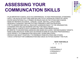 46
ASSESSING YOUR
COMMUNCATION SKILLS
I PLAN IMPORTANT EVENTS, SUCH AS CONFERENCES, TO HIGH PROFESSIONAL STANDARDS.
I APPLY THE RULES OF SOFT AND HARD SELLING TO PUT ACROSS MY POINTS OF VIEWS.
I ENTER NEGOTIATIONS FULLY PRIMED ON ISSUES AND ON THE OTHER SIDE’S NEEDS.
I MAKE MY REPORTS ACCURATE , CONCISE, CLEAR, AND WELL STRUCTURED.
I RESEARCH THOROGHLY BEFORE PUTTING FORWARD A WRITTEN PROPOSAL.
I TRY TO UNDERSTAND HOW ALL RELEVANT AUDIENCES REACT TO THE ORGANIZATION.
I CONSIDER HOW SKILLED ADVISERS CAN HELP ON PUBLIC ISSUES.
I MAKE USEFUL CONTACTS WITH JOURNALISTS AND OTHER MEDIA PEOPLE.
MY BRIEFSS TO ADVERSTISING AGENCIES ARE BASED ON CLEARLY DEFINED BUSESS TARGETS.
I MAKE SURE SPECIALIST WORK SUCH AS DESIGN IS DONE BY QUALIFIED PROFESSIONALS.
I GIVE PRIORITY TO COMMUNICATING REGULARLY WORK EMPLOYEES.
I RECEIVE AND REACT POSITIVELY TO FEEDBACK FROM EPLOYEES AND OTHERS.
I HAVE A STRATEGY FOR COMMUNICATION AND CHECK ACTIVITEIS AGAINST THIS PLAN.
RATE YOUR SKILLS
1 2 3 4
1 NEVER
2 OCCASIONALLY
3 FREQUENTLY
4 ALWAYS
 