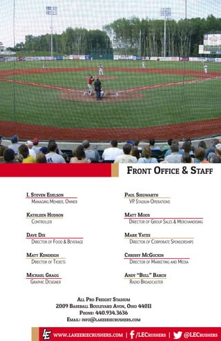 Front Office & Staff
www.lakeeriecrushers.com | /LECrushers | @LECrushers
I. Steven Edelson
Managing Member, Owner
Kathleen Hudson
Controller
Dave Dix
Director of Food & Beverage
Matt Kendeigh
Director of Tickets
Michael Gragg
Graphic Designer
Paul Siegwarth
VP Stadium Operations
Matt Moos
Director of Group Sales & Merchandising
Mark Yates
Director of Corporate Sponsorships
Chrissy McGuckin
Director of Marketing and Media
Andy “Bull” Barch
Radio Broadcaster
All Pro Freight Stadium
2009 Baseball Boulevard Avon, Ohio 44011
Phone: 440.934.3636
Email: info@lakeeriecrushers.com
 