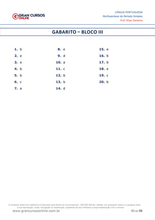 131 de 285
www.grancursosonline.com.br
LÍNGUA PORTUGUESA
Morfossintaxe do Período Simples
Prof. Elias Santana
GABARITO – BLOCO III
1.	 b
2.	 e
3.	 e
4.	 b
5.	 b
6.	 c
7.	 a
8.	 e
9.	 d
10.	 a
11.	 c
12.	 b
13.	 b
14.	 d
15.	 e
16.	 b
17.	 b
18.	 e
19.	 c
20.	 b
O conteúdo deste livro eletrônico é licenciado para Nome do Concurseiro(a) - 000.000.000-00, vedada, por quaisquer meios e a qualquer título,
a sua reprodução, cópia, divulgação ou distribuição, sujeitando-se aos infratores à responsabilização civil e criminal.
 