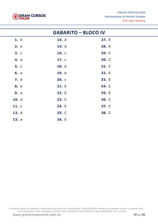 182 de 285
www.grancursosonline.com.br
LÍNGUA PORTUGUESA
Morfossintaxe do Período Simples
Prof. Elias Santana
GABARITO – BLOCO IV
1.	 b
2.	 e
3.	 c
4.	 a
5.	 c
6.	 e
7.	 b
8.	 b
9.	 a
10.	 d
11.	 c
12.	 d
13.	 a
14.	 d
15.	 d
16.	 c
17.	 c
18.	 b
19.	 b
20.	 c
21.	 E
22.	 E
23.	 C
24.	 E
25.	 C
26.	 E
27.	 E
28.	 E
29.	 C
30.	 C
31.	 C
32.	 E
33.	 E
34.	 C
35.	 E
36.	 C
37.	 C
38.	 C
O conteúdo deste livro eletrônico é licenciado para Nome do Concurseiro(a) - 000.000.000-00, vedada, por quaisquer meios e a qualquer título,
a sua reprodução, cópia, divulgação ou distribuição, sujeitando-se aos infratores à responsabilização civil e criminal.
 