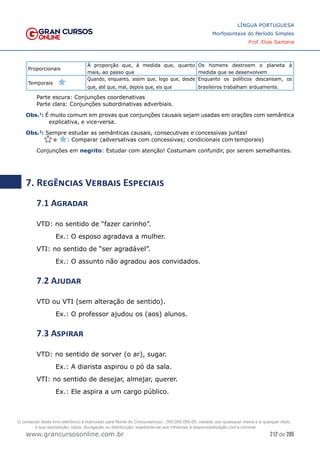 212 de 285
www.grancursosonline.com.br
LÍNGUA PORTUGUESA
Morfossintaxe do Período Simples
Prof. Elias Santana
Proporcionais
À proporção que, à medida que, quanto
mais, ao passo que
Os homens destroem o planeta à
medida que se desenvolvem
Temporais
Quando, enquanto, assim que, logo que, desde
que, até que, mal, depois que, eis que
Enquanto os políticos descansam, os
brasileiros trabalham arduamente.
Parte escura: Conjunções coordenativas
Parte clara: Conjunções subordinativas adverbiais.
�Obs.1
: É muito comum em provas que conjunções causais sejam usadas em orações com semântica
explicativa, e vice-versa.
�Obs.2
: Sempre estudar as semânticas causais, consecutivas e concessivas juntas!
e : Comparar (adversativas com concessivas; condicionais com temporais)
Conjunções em negrito: Estudar com atenção! Costumam confundir, por serem semelhantes.
7. Regências Verbais Especiais
7.1 Agradar
VTD: no sentido de “fazer carinho”.
Ex.: O esposo agradava a mulher.
VTI: no sentido de “ser agradável”.
Ex.: O assunto não agradou aos convidados.
7.2 Ajudar
VTD ou VTI (sem alteração de sentido).
Ex.: O professor ajudou os (aos) alunos.
7.3 Aspirar
VTD: no sentido de sorver (o ar), sugar.
Ex.: A diarista aspirou o pó da sala.
VTI: no sentido de desejar, almejar, querer.
Ex.: Ele aspira a um cargo público.
O conteúdo deste livro eletrônico é licenciado para Nome do Concurseiro(a) - 000.000.000-00, vedada, por quaisquer meios e a qualquer título,
a sua reprodução, cópia, divulgação ou distribuição, sujeitando-se aos infratores à responsabilização civil e criminal.
 