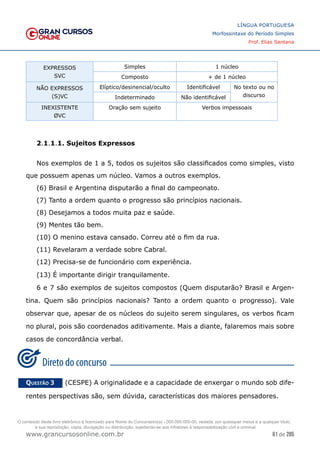 61 de 285
www.grancursosonline.com.br
LÍNGUA PORTUGUESA
Morfossintaxe do Período Simples
Prof. Elias Santana
EXPRESSOS
SVC
Simples 1 núcleo
Composto + de 1 núcleo
NÃO EXPRESSOS
(S)VC
Elíptico/desinencial/oculto Identificável No texto ou no
discurso
Indeterminado Não identificável
INEXISTENTE
ØVC
Oração sem sujeito Verbos impessoais
2.1.1.1. Sujeitos Expressos
Nos exemplos de 1 a 5, todos os sujeitos são classificados como simples, visto
que possuem apenas um núcleo. Vamos a outros exemplos.
(6) Brasil e Argentina disputarão a final do campeonato.
(7) Tanto a ordem quanto o progresso são princípios nacionais.
(8) Desejamos a todos muita paz e saúde.
(9) Mentes tão bem.
(10) O menino estava cansado. Correu até o fim da rua.
(11) Revelaram a verdade sobre Cabral.
(12) Precisa-se de funcionário com experiência.
(13) É importante dirigir tranquilamente.
6 e 7 são exemplos de sujeitos compostos (Quem disputarão? Brasil e Argen-
tina. Quem são princípios nacionais? Tanto a ordem quanto o progresso). Vale
observar que, apesar de os núcleos do sujeito serem singulares, os verbos ficam
no plural, pois são coordenados aditivamente. Mais a diante, falaremos mais sobre
casos de concordância verbal.
Questão 3   (CESPE) A originalidade e a capacidade de enxergar o mundo sob dife-
rentes perspectivas são, sem dúvida, características dos maiores pensadores.
O conteúdo deste livro eletrônico é licenciado para Nome do Concurseiro(a) - 000.000.000-00, vedada, por quaisquer meios e a qualquer título,
a sua reprodução, cópia, divulgação ou distribuição, sujeitando-se aos infratores à responsabilização civil e criminal.
 