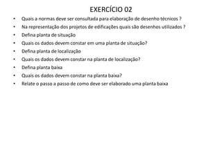 EXERCÍCIO 02
• Quais a normas deve ser consultada para elaboração de desenho técnicos ?
• Na representação dos projetos de edificações quais são desenhos utilizados ?
• Defina planta de situação
• Quais os dados devem constar em uma planta de situação?
• Defina planta de localização
• Quais os dados devem constar na planta de localização?
• Defina planta baixa
• Quais os dados devem constar na planta baixa?
• Relate o passo a passo de como deve ser elaborado uma planta baixa
 