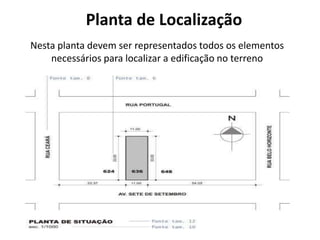 Nesta planta devem ser representados todos os elementos
necessários para localizar a edificação no terreno
Planta de Localização
 