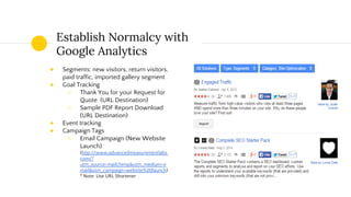 Establish Normalcy with
Google Analytics
● Segments: new visitors, return visitors,
paid traffic, imported gallery segment
● Goal Tracking
○ Thank You for your Request for
Quote (URL Destination)
○ Sample PDF Report Download
(URL Destination)
● Event tracking
● Campaign Tags
○ Email Campaign (New Website
Launch)
(http://www.advancedmeasurementlabs.
com/?
utm_source=mailchimp&utm_medium=e
mail&utm_campaign=website%20launch)
* Note: Use URL Shortener
 