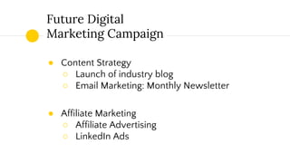 Future Digital
Marketing Campaign
● Content Strategy
○ Launch of industry blog
○ Email Marketing: Monthly Newsletter
● Affiliate Marketing
○ Affiliate Advertising
○ LinkedIn Ads
 