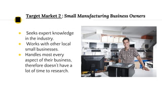 Target Market 2 : Small Manufacturing Business Owners
● Seeks expert knowledge
in the industry.
● Works with other local
small businesses.
● Handles most every
aspect of their business,
therefore doesn’t have a
lot of time to research.
 