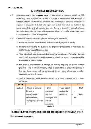 IV. CONTENT.
1. GENERAL REGULATIONS.
4.1 It is necessary to use request form on long distance business trip (Form BM-
02/HC-05), with signature of person in charge of department and approval of
General Director (or Director of department who is in charge of approval). The regime of
expenses is only paid with full of valid papers such as bill, train ticket, and business trip
confirmation letter and will be paid right after the trip is finished. In case of advance
before business trip, it is required to undertake all procedures for advance payment
for company accountant as regulated.
4.2 Cases which do not receive expenses following this regulation:
a. Costs are covered by allowances included in salary or paid as salary.
b. Personal leave during the business trip or period of residence at workplace but
not for the purpose of business trip.
c. Time at school, long-term and short-term training classes. Particular, days on
which staff is assigned to reside in several other local areas or agencies will be
considered in specific cases.
d. For staff of departments in charge of working regularly at places outside
province – city in which company office is located that is ensured expenses in
the trip, these cases will be considered to pay more allowances in salary
depending on specific cases.
e. Staff is divided into levels to determine scope of using business trip conditions
as follows:
LEVEL 1 2 3 4
Subject - Board of General
Directors
- Directors of
Departments
- Company’s Guests.
- Chief
manager,
Depute
manager and
similar
positions
Team leader
and similar
positions.
- Staff
,
- Driv
er
(Table 1)
2. REGULATIONS ON REGIME OF DOMESTIC BUSINESS TRIP
2.1. Means of transport.
Page 2 of 8
 
