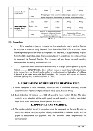 outside fixed
workplace:
From … to
…
… ñ/day … ñ/day … ñ/day … ñ/day
… day
The company rents accommodation or pays a specific amount
based on plan for business trip at the time of implementation.
02
Daily expenses,
outside fixed
workplace:
… day ... ñ/day ... ñ/day ... ñ/day ... ñ/day
From … to
…
... ñ/day ... ñ/day ... ñ/day ... ñ/day
… day
Director of Department considers
and submits to General Director
for approval based on
requirements of each business trip.
Calculated as follows:
(Basic salary + Allowance) x 50%
(Table 3)
2.3. Reception.
- If the reception is beyond competence, the receptionist has to ask the Director
for approval in advance using Request Form (Form BM-02/HC-05). In sudden cases,
informing via telephone or email is acceptable, but after that, a supplementary request
form should be submitted. Also, it is necessary to put in an estimate for costs and must
be approved by General Director. The company will pay based on real spending
money without exceeding estimated amount.
- Driver who drives Director on business trip or to night parties (after 8 p.m) will
receive ……….. dongs/ time (the driver will stay outside to guard the car and not participate
in the parties); however, this will not be applied in long business trips. If the place of residence
is located in the same area with fixed workplace, the company will reserve an allocated
residence applying daily expenses regulated in Table 3.
3. REGULATIONS ON REGIME FOR BUSINESS TRIP.
3.1. When assigned to work overseas, individual has to minimize spending, choose
accommodation nearby workplace to save travel costs. Casual dining.
3.2. Each individual will receive …… USD of spending money within 01 day. The other
costs in work schedule will be paid based on real spending, including train ticket,
flight ticket, hotel room rental, food expenses and so on.
4. APPROVAL AND VALIDITY.
4.1. The costs excluded from this regulation must be approved by General Director or
authorized person. All costs against this regulation will be considered invalid and the
payer is responsible for payment and the approver takes responsibility for
compensation.
Page 4 of 8
 