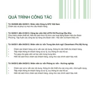Từ 05/2009 đến 02/2011: Nhân viên Công ty KFC Việt Nam
Chăm sóc và phục vụ mọi nhu cầu khách hàng.
Từ 02/2011 đến 01/2013: Cộng tác viên Hội LHTN VN Phường Cầu Kho
Chịu trách nhiệm thiết kế, hiến kế cách thức tổ chức các hoạt động Đoàn/ Hội cho Đoàn
Phường. Tập huấn các công tác kỹ năng cho Đoàn viên - Hội viên và thanh thiếu nhi.
Từ 04/2011 đến 04/2012: Nhân viên tư vấn Trung tâm Anh ngữ Cleverlearn Phú Mỹ Hưng
• Chăm sóc khách hàng và tư vấn các nội dung, thông tin cần thiết cho khách hàng.
• Tiếp nhận thông tin khách hàng và xử lý, lưu thông tin vào hồ sơ.
• Trợ giúp cho giáo viên và học viên trong trung tâm.
• Hiến kế cách thức chăm sóc khách hàng, cũng như các chính sách hậu mãI.
Từ 04/2012 đến 04/2013: Nhân viên tư vấn Phòng tư vấn - Hướng nghiệp
• Chăm sóc và tư vấn các nội dung, thông tin cần thiết cho các ứng viên, nhà tuyển dụng.
• Tiếp nhận thông tin khách hàng và xử lý, lưu thông tin vào hồ sơ.
• Hiến kế cách thức chăm sóc khách hàng, cũng như các chính sách hậu mãI.
QUÁ TRÌNH CÔNG TÁC
 