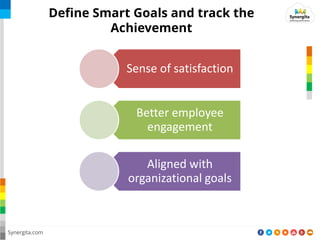 Synergita.com
Define Smart Goals and track the
Achievement
Sense of satisfaction
Better employee
engagement
Aligned with
organizational goals
 