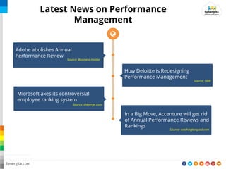 Adobe abolishes Annual
Performance Review
Source: Business Insider
Microsoft axes its controversial
employee ranking system
Source: theverge.com
How Deloitte is Redesigning
Performance Management
Source: HBR
In a Big Move, Accenture will get rid
of Annual Performance Reviews and
Rankings
Source: washingtonpost.com
…………………………………………………………………………………………………………………………………………………………………………………………………………
…………………………
Latest News on Performance
Management
Synergita.com
 