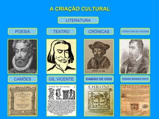 A CRIAÇÃO CULTURALA CRIAÇÃO CULTURAL
LITERATURA
POESIA TEATRO CRÓNICAS LITERATURA DE VIAGENS
CAMÕES GIL VICENTE DAMIÃO DE GÓIS FERNÃO MENDES PINTO
 