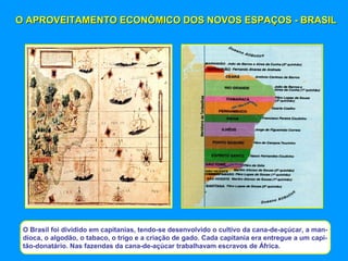 O APROVEITAMENTO ECONÓMICO DOS NOVOS ESPAÇOS - BRASILO APROVEITAMENTO ECONÓMICO DOS NOVOS ESPAÇOS - BRASIL
O Brasil foi dividido em capitanias, tendo-se desenvolvido o cultivo da cana-de-açúcar, a man-
dioca, o algodão, o tabaco, o trigo e a criação de gado. Cada capitania era entregue a um capi-
tão-donatário. Nas fazendas da cana-de-açúcar trabalhavam escravos de África.
 