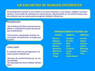 UM ENCONTRO DE MUNDOS DIFERENTESUM ENCONTRO DE MUNDOS DIFERENTES
Os portugueses levaram a sua cultura e os seus costumes, a sua língua, religião e conheci-
mentos, o seu modo de vida para os outros povos, influenciando-os, ao mesmo tempo que,
do contacto com os outros povos surgiram também influências.
MISSIONAÇÃO:
-Os membros do Clero procuraram es-
palhar o cristianismo junto dos povos
que contactaram;
-Procuraram, igualmente, ensinar es-
ses povos, em particular na língua por-
tuguesa
ENRIQUECIMENTO VOCABULAR
ÁFRICA ORIENTE AMÉRICA
Banana
Batuque
Cachimbo
Macaco
Mandioca
Masmorra
Samba
Tanga
Bengala
Biombo
Bule
Caril
Chávena
Leque
Pires
Salamaleque
Ananás
Capim
Carioca
Jacaré
Maracujá
Tapioca
Toca
CONCLUSÃO:
O contacto entre os portugueses e os
outros povos reflectiu-se:
-Na troca de conhecimentos (p. ex: no-
vas plantas)
-Na aquisição de novos hábitos alimen-
tares.
 