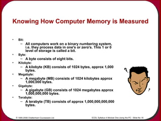 © 1995-2006 Cheltenham Courseware Ltd. ECDL Syllabus 4 Module One Using the PC - Slide No 18
Knowing How Computer Memory i...