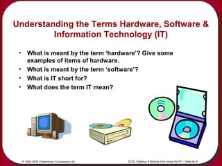 © 1995-2006 Cheltenham Courseware Ltd. ECDL Syllabus 4 Module One Using the PC - Slide No 6
Understanding the Terms Hardwa...