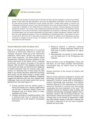 68 – Harnessing Science, Technology and Innovation for Inclusive and Sustainable Development in Asia and the Pacific
Tertiary attainment within the labour force
Data on the educational attainment of a country’s
workforce is notoriously difficult to collect and
interpret. However, there are a few institutions
(UNESCO, World Bank, OECD) that attempt to
track these measures. The World Bank’s World
Development Indicators provides statistics on the
tertiary attainment of the labour force in selected
economies, with patchy coverage of the period
between 1991 and 2014. This database notes breaks
in the series but does not harmonize the categories
of tertiary education that are covered under each
country. It is assumed that, in most cases, the data
refers to any tertiary education attainment (including
short-cycle), but the sharp swings in certain cases
(Armenia, Kazakhstan, Russian Federation, Singapore)
suggest that definitions shift over time. Despite these
challenges, there are still salient points that can be
gathered from this data (Figure 5.1):
• Among countries with low starting points, a
strong and steady rise in tertiary qualifications
can be seen in Mongolia; Macao, China; and
Singapore and, to a lesser extent, in India,
Indonesia and Turkey.
• Pakistan occupies an interesting position, with
a relatively high level of reported tertiary
attainment that is well ahead of comparable
economies.
• Malaysia depicts a relatively subdued
expansion in tertiary attainment relative to its
high level of public expenditure on higher
education.
• More generally, low growth or recent declines
can be observed in the Philippines and
Thailand.
Some countries, such as Bangladesh, China and
Viet Nam, do not make available internationally
comparable data on labour force by tertiary
attainment.
Human resources in the service of science and
technology
Data on human resources employed in science and
technology provides the next stage of granularity in
assessing a country’s overall level of investment in
science, technology and innovation. The OECD’s
Canberra Manual on the measurement of human
resources devoted to science and technology
constitutes the world standard in this area.8
The
UNESCO Institute for Statistics (UIS) compiles and
publishes internationally comparable statistics that, in
principle, conform with the Canberra Manual. The
World Bank’s World Development Indicators also
includes data on the number of researchers in R&D
per million people, based on UIS data. In general, the
UIS data is assumed to be the most complete,
detailed and up-to-date.
For the past few decades, the Government of Viet Nam has been devising strategies to improve its schooling
system. In 2010 alone, Viet Nam allocated 21 per cent of its expenditures to education. The recent Programme
for International Student Assessment scores ranked Viet Nam in twelfth place based on science and
mathematics achievements among 15 year olds (well ahead of some more advanced nations).5
The Government
is planning to capitalize on this achievement by reforming its curriculum, teaching practices and student
assessment practices. The country is also exploring and studying the reforms made in the Republic of Korea
and elsewhere. The success of Viet Nam is mainly attributed to its investment in education and a high degree
of professionalism (e.g. low teacher absenteeism and high levels of student attendance). However, while Viet
Nam has made significant progress in terms of strengthening its educational system, more needs to be done
to enrol the 31 per cent of its 15 year olds who are not in school.6
In addition, as the Vietnamese economy
continues to undergo structural change, its workforce will need better access to retraining to meet the
associated new skill demands.7
Box
5.1
Viet Nam’s education success
 