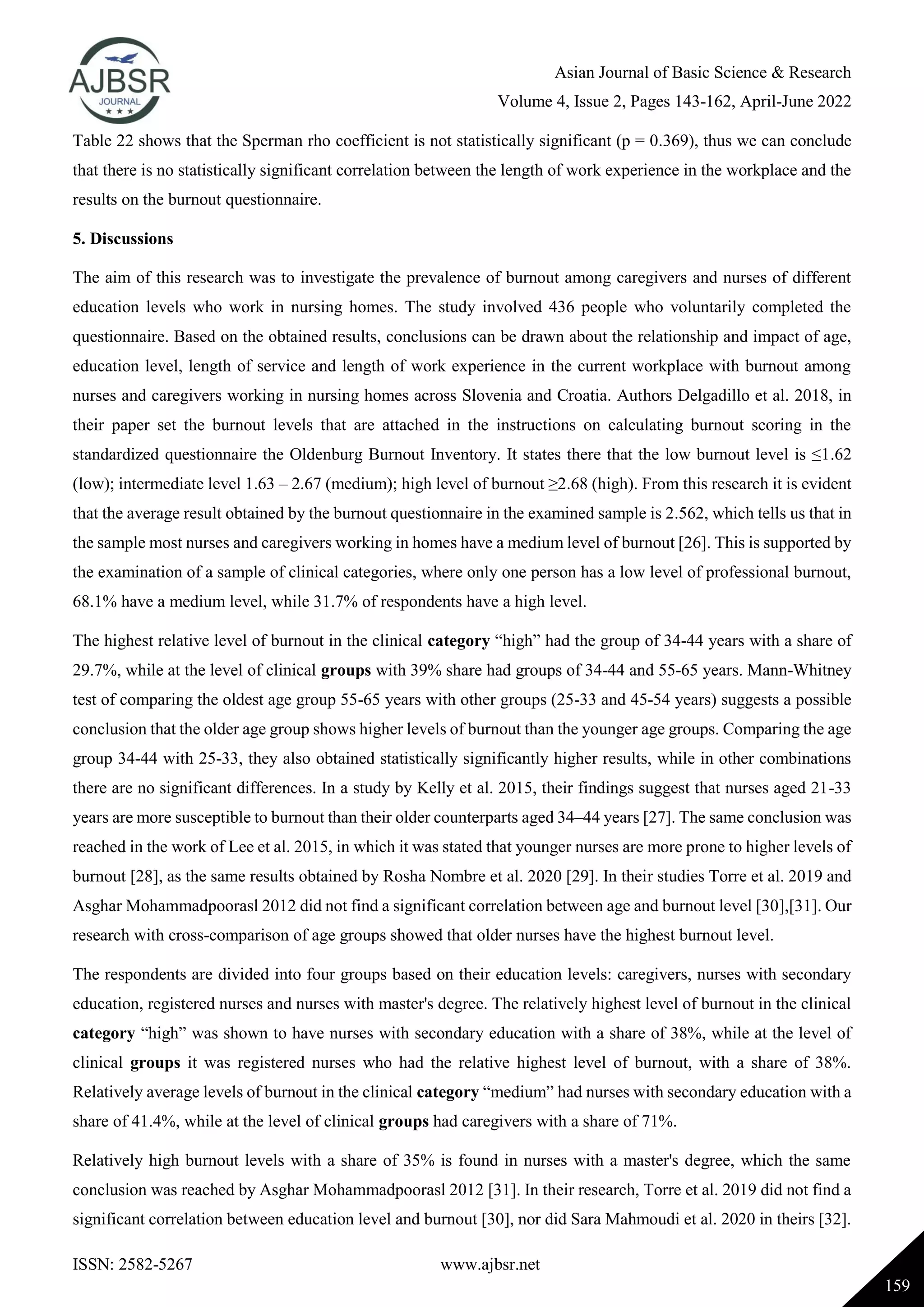 Asian Journal of Basic Science & Research
Volume 4, Issue 2, Pages 143-162, April-June 2022
ISSN: 2582-5267 www.ajbsr.net
159
Table 22 shows that the Sperman rho coefficient is not statistically significant (p = 0.369), thus we can conclude
that there is no statistically significant correlation between the length of work experience in the workplace and the
results on the burnout questionnaire.
5. Discussions
The aim of this research was to investigate the prevalence of burnout among caregivers and nurses of different
education levels who work in nursing homes. The study involved 436 people who voluntarily completed the
questionnaire. Based on the obtained results, conclusions can be drawn about the relationship and impact of age,
education level, length of service and length of work experience in the current workplace with burnout among
nurses and caregivers working in nursing homes across Slovenia and Croatia. Authors Delgadillo et al. 2018, in
their paper set the burnout levels that are attached in the instructions on calculating burnout scoring in the
standardized questionnaire the Oldenburg Burnout Inventory. It states there that the low burnout level is ≤1.62
(low); intermediate level 1.63 – 2.67 (medium); high level of burnout ≥2.68 (high). From this research it is evident
that the average result obtained by the burnout questionnaire in the examined sample is 2.562, which tells us that in
the sample most nurses and caregivers working in homes have a medium level of burnout [26]. This is supported by
the examination of a sample of clinical categories, where only one person has a low level of professional burnout,
68.1% have a medium level, while 31.7% of respondents have a high level.
The highest relative level of burnout in the clinical category “high” had the group of 34-44 years with a share of
29.7%, while at the level of clinical groups with 39% share had groups of 34-44 and 55-65 years. Mann-Whitney
test of comparing the oldest age group 55-65 years with other groups (25-33 and 45-54 years) suggests a possible
conclusion that the older age group shows higher levels of burnout than the younger age groups. Comparing the age
group 34-44 with 25-33, they also obtained statistically significantly higher results, while in other combinations
there are no significant differences. In a study by Kelly et al. 2015, their findings suggest that nurses aged 21-33
years are more susceptible to burnout than their older counterparts aged 34–44 years [27]. The same conclusion was
reached in the work of Lee et al. 2015, in which it was stated that younger nurses are more prone to higher levels of
burnout [28], as the same results obtained by Rosha Nombre et al. 2020 [29]. In their studies Torre et al. 2019 and
Asghar Mohammadpoorasl 2012 did not find a significant correlation between age and burnout level [30],[31]. Our
research with cross-comparison of age groups showed that older nurses have the highest burnout level.
The respondents are divided into four groups based on their education levels: caregivers, nurses with secondary
education, registered nurses and nurses with master's degree. The relatively highest level of burnout in the clinical
category “high” was shown to have nurses with secondary education with a share of 38%, while at the level of
clinical groups it was registered nurses who had the relative highest level of burnout, with a share of 38%.
Relatively average levels of burnout in the clinical category “medium” had nurses with secondary education with a
share of 41.4%, while at the level of clinical groups had caregivers with a share of 71%.
Relatively high burnout levels with a share of 35% is found in nurses with a master's degree, which the same
conclusion was reached by Asghar Mohammadpoorasl 2012 [31]. In their research, Torre et al. 2019 did not find a
significant correlation between education level and burnout [30], nor did Sara Mahmoudi et al. 2020 in theirs [32].
 