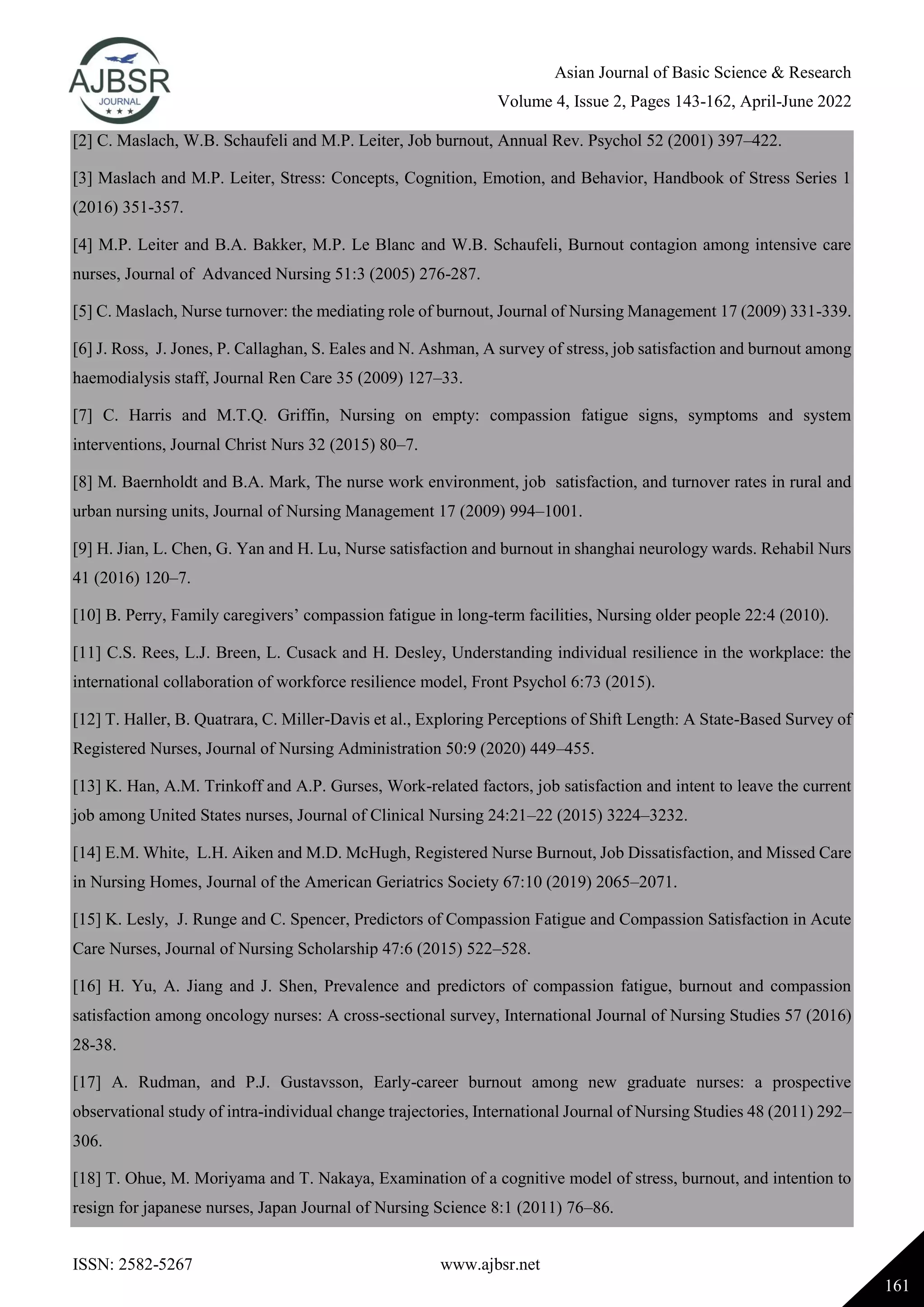 Asian Journal of Basic Science & Research
Volume 4, Issue 2, Pages 143-162, April-June 2022
ISSN: 2582-5267 www.ajbsr.net
161
[2] C. Maslach, W.B. Schaufeli and M.P. Leiter, Job burnout, Annual Rev. Psychol 52 (2001) 397–422.
[3] Maslach and M.P. Leiter, Stress: Concepts, Cognition, Emotion, and Behavior, Handbook of Stress Series 1
(2016) 351-357.
[4] M.P. Leiter and B.A. Bakker, M.P. Le Blanc and W.B. Schaufeli, Burnout contagion among intensive care
nurses, Journal of Advanced Nursing 51:3 (2005) 276-287.
[5] C. Maslach, Nurse turnover: the mediating role of burnout, Journal of Nursing Management 17 (2009) 331-339.
[6] J. Ross, J. Jones, P. Callaghan, S. Eales and N. Ashman, A survey of stress, job satisfaction and burnout among
haemodialysis staff, Journal Ren Care 35 (2009) 127–33.
[7] C. Harris and M.T.Q. Griffin, Nursing on empty: compassion fatigue signs, symptoms and system
interventions, Journal Christ Nurs 32 (2015) 80–7.
[8] M. Baernholdt and B.A. Mark, The nurse work environment, job satisfaction, and turnover rates in rural and
urban nursing units, Journal of Nursing Management 17 (2009) 994–1001.
[9] H. Jian, L. Chen, G. Yan and H. Lu, Nurse satisfaction and burnout in shanghai neurology wards. Rehabil Nurs
41 (2016) 120–7.
[10] B. Perry, Family caregivers’ compassion fatigue in long-term facilities, Nursing older people 22:4 (2010).
[11] C.S. Rees, L.J. Breen, L. Cusack and H. Desley, Understanding individual resilience in the workplace: the
international collaboration of workforce resilience model, Front Psychol 6:73 (2015).
[12] T. Haller, B. Quatrara, C. Miller-Davis et al., Exploring Perceptions of Shift Length: A State-Based Survey of
Registered Nurses, Journal of Nursing Administration 50:9 (2020) 449–455.
[13] K. Han, A.M. Trinkoff and A.P. Gurses, Work-related factors, job satisfaction and intent to leave the current
job among United States nurses, Journal of Clinical Nursing 24:21–22 (2015) 3224–3232.
[14] E.M. White, L.H. Aiken and M.D. McHugh, Registered Nurse Burnout, Job Dissatisfaction, and Missed Care
in Nursing Homes, Journal of the American Geriatrics Society 67:10 (2019) 2065–2071.
[15] K. Lesly, J. Runge and C. Spencer, Predictors of Compassion Fatigue and Compassion Satisfaction in Acute
Care Nurses, Journal of Nursing Scholarship 47:6 (2015) 522–528.
[16] H. Yu, A. Jiang and J. Shen, Prevalence and predictors of compassion fatigue, burnout and compassion
satisfaction among oncology nurses: A cross-sectional survey, International Journal of Nursing Studies 57 (2016)
28-38.
[17] A. Rudman, and P.J. Gustavsson, Early-career burnout among new graduate nurses: a prospective
observational study of intra-individual change trajectories, International Journal of Nursing Studies 48 (2011) 292–
306.
[18] T. Ohue, M. Moriyama and T. Nakaya, Examination of a cognitive model of stress, burnout, and intention to
resign for japanese nurses, Japan Journal of Nursing Science 8:1 (2011) 76–86.
 