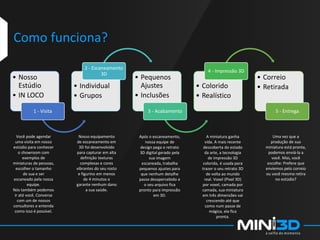 • Nosso
Estúdio
• IN LOCO
1 - Visita
• Individual
• Grupos
2 - Escaneamento
3D
• Pequenos
Ajustes
• Inclusões
3 - Acabamento
• Colorido
• Realístico
4 - Impressão 3D
• Correio
• Retirada
5 - Entrega
Como funciona?
Você pode agendar
uma visita em nosso
estúdio para conhecer
o showroom com
exemplos de
miniaturas de pessoas,
escolher o tamanho
de sua e ser
escaneado pela nossa
equipe.
Nós também podemos
ir até você. Converse
com um de nossos
consultores e entenda
como isso é possível.
Nosso equipamento
de escaneamento em
3D foi desenvolvido
para capturar em alta
definição texturas
complexas e cores
vibrantes do seu rosto
e figurino em menos
de 4 minutos e
garante nenhum dano
a sua saúde.
Após o escaneamento,
nossa equipe de
design pega o retrato
3D digital gerado pela
sua imagem
escaneada, trabalha
pequenos ajustes para
que nenhum detalhe
passe desapercebido e
o seu arquivo fica
pronto para impressão
em 3D.
A miniatura ganha
vida. A mais recente
descoberta do estado
da arte, a tecnologia
de impressão 3D
colorida, é usada para
trazer o seu retrato 3D
de volta ao mundo
real. Voxel (Pixel 3D)
por voxel, camada por
camada, sua miniatura
em três dimensões vai
crescendo até que
como num passe de
mágica, ela fica
pronta.
Uma vez que a
produção de sua
miniatura está pronta,
podemos enviá-la a
você. Mas, você
escolhe: Prefere que
enviemos pelo correio
ou você mesmo retira
no estúdio?
 