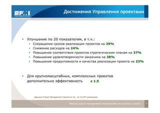 Достижения Управления проектами




Улучшение по 20 показателям, в т.ч.:
   Сокращение сроков реализации проектов на 39%
   Снижение расходов на 24%
   Повышение соответствия проектов стратегическим планам на 37%
   Повышение удовлетворенности заказчика на 38%
   Повышение продуктивности и качества реализации проекта на 23%



Для крупномасштабных, комплексных проектов
дополнительно эффективность    х 1.5




   Данные Project Management Solutions Inc. по 43 ИТ-компаниям


                                                                   4
 