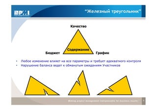 “Железный треугольник”


                            Качество




                          Содержание
              Бюджет                       График

Любое изменение влияет на все параметры и требует адекватного контроля
Нарушение баланса ведет к обманутым ожиданиям Участников




                                                                         8
 