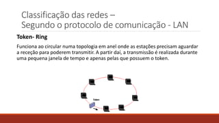Classificação das redes –
Segundo o protocolo de comunicação - LAN
Token- Ring
Funciona ao circular numa topologia em anel onde as estações precisam aguardar
a receção para poderem transmitir. A partir daí, a transmissão é realizada durante
uma pequena janela de tempo e apenas pelas que possuem o token.
 