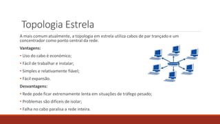 Topologia Estrela
A mais comum atualmente, a topologia em estrela utiliza cabos de par trançado e um
concentrador como ponto central da rede.
Vantagens:
• Uso do cabo é económico;
• Fácil de trabalhar e instalar;
• Simples e relativamente fiável;
• Fácil expansão.
Desvantagens:
• Rede pode ficar extremamente lenta em situações de tráfego pesado;
• Problemas são difíceis de isolar;
• Falha no cabo paralisa a rede inteira.
 