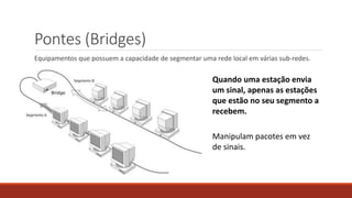 Pontes (Bridges)
Equipamentos que possuem a capacidade de segmentar uma rede local em várias sub-redes.
Quando uma estação envia
um sinal, apenas as estações
que estão no seu segmento a
recebem.
Manipulam pacotes em vez
de sinais.
 