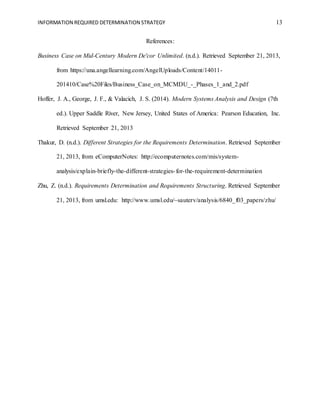 INFORMATION REQUIRED DETERMINATION STRATEGY 13
References:
Business Case on Mid-Century Modern De'cor Unlimited. (n.d.). Retrieved September 21, 2013,
from https://una.angellearning.com/AngelUploads/Content/14011-
201410/Case%20Files/Business_Case_on_MCMDU_-_Phases_1_and_2.pdf
Hoffer, J. A., George, J. F., & Valacich, J. S. (2014). Modern Systems Analysis and Design (7th
ed.). Upper Saddle River, New Jersey, United States of America: Pearson Education, Inc.
Retrieved September 21, 2013
Thakur, D. (n.d.). Different Strategies for the Requirements Determination. Retrieved September
21, 2013, from eComputerNotes: http://ecomputernotes.com/mis/system-
analysis/explain-briefly-the-different-strategies-for-the-requirement-determination
Zhu, Z. (n.d.). Requirements Determination and Requirements Structuring. Retrieved September
21, 2013, from umsl.edu: http://www.umsl.edu/~sauterv/analysis/6840_f03_papers/zhu/
 