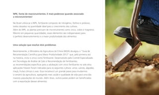 NPK, fonte de macronutrientes. E mais poderoso quando associado
a micronutrientes!
No Brasil utiliza-se o NPK, fertilzante composto de nitrogênio, fósforo e potássio,
todos dosados na quantidade ideal para o crescimento dos cultivos.
Além do NPK, as plantas precisam de micronutrientes como zinco, cobre e magnésio.
Mesmo em pequenas quantidades, esses elementos são indispensáveis para
o perfeito desenvolvimento e a maior produtividade dos alimentos.

Uma solução que resolve dois problemas
Recentemente, o Ministério da Agricultura da China (MOA) divulgou o “Guia de
Recomendação Científica para Maior Produtividade 2012” que, pela primeira vez
na história, inclui o zinco como fertilizante. Desenvolvido pelo Comitê Especializado
em Tecnologia de Análise de Solo e Recomendação de Fertilizantes,
as recomendações específicas para a adubação com zinco fertilizante no solo e/ou
aplicações foliares foram indicadas para os seguintes cultivos: arroz, canola, algodão,
maçã, frutas cítricas e uvas. Essa iniciativa é um grande passo para mudarmos
o cenário da agricultura, agregando mais saúde e qualidade de vida para uma das
maiores populações do mundo. Além disso, outros países podem ser beneficiados
com a exportação desses alimentos.

 